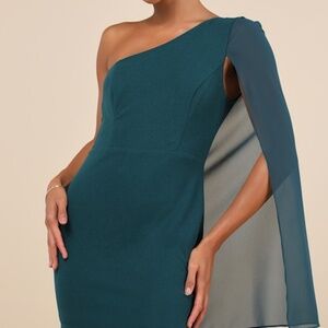 Lulus Majestic Energy Teal Green Cape Sleeve One-shoulder Mini Dress - Size S